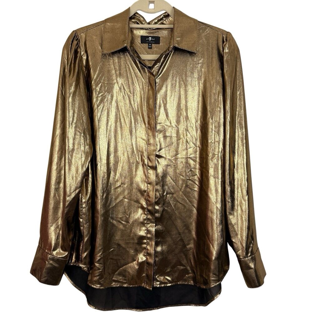 7 For All Mankind Foil Satin Liquid Gold Top Sz M Neck Tie Button Down Metallic